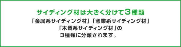 サイディング材は大きく分けて3種類 「窯業系サイディング材」「金属系サイディング材」「木質系サイディング材」の3種類に分類されます。